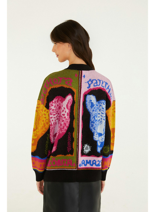 Farm Rio Multicolor Panthers Black Knit Cardigan