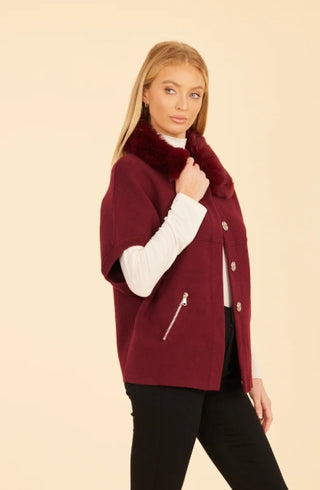 Dolce Cabo Faux Fur Collar Short Sleeved Maroon Cardigan