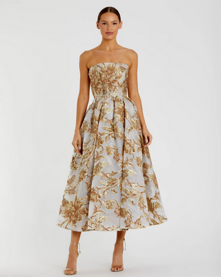 TS Mac Duggal Gold Strapless Brocade Midi Dress with Pockets