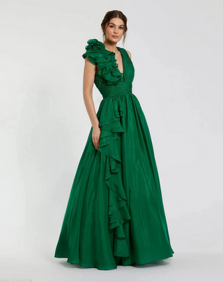 TS Mac Duggal Emerald Green Ruffle Shoulder V-Neck Chiffon Gown