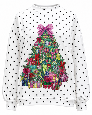 Queen of Sparkles White & Black Poka Dot Multi Christmas Tree Mockneck Sweatshirt