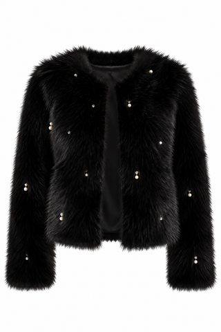 Dolce Cabo Embellished Pearl and Rhinestone Faux Fur Jacket