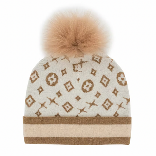 Mitchie's Knit Lurex Hat With Monogram Pattern & Contrast Cuff in Gold