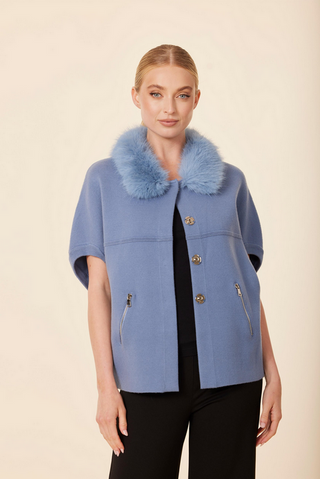 Dolce Cabo Faux Fur Trimmed Cocoon Cardigan in Cornflower