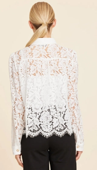 Dolce Cabo White Floral Lace Pearl Button Longsleeve Blouse