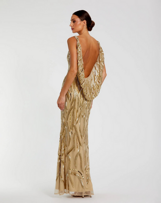 TS Mac Duggal Gold Embellished Mesh Sleeveless High Neck Fitted Gown