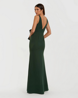 TS Mac Duggal Green Crepe Sleeveless V-Neck Gown with Bow