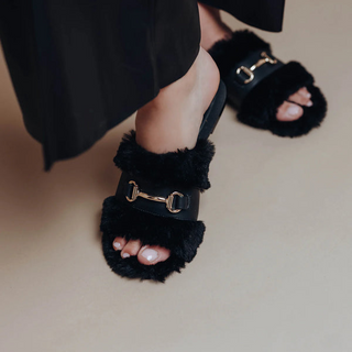 Solei Sea Hanni Belted Fur Clog in Black