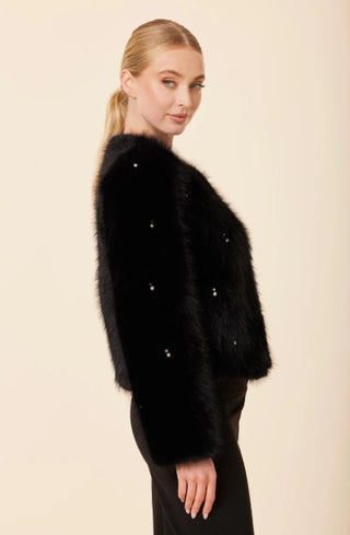 Dolce Cabo Embellished Pearl and Rhinestone Faux Fur Jacket