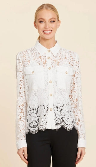 Dolce Cabo White Floral Lace Pearl Button Longsleeve Blouse