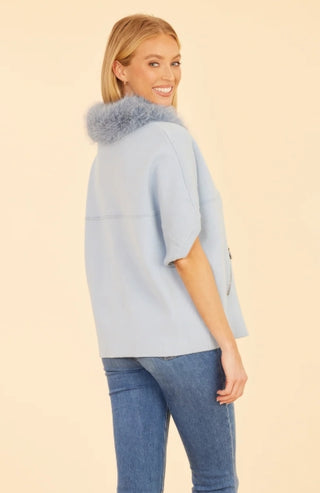 Dolce Cabo Faux Fur Collar Short Sleeved Baby Blue Cardigan
