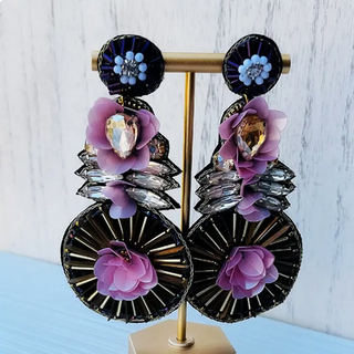 Monkee Collection Floral Purple and Pink Beaded Statement Earrings/ Flowers