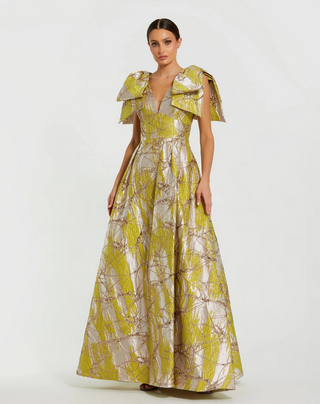 TS Mac Duggal Green Layered Shoulder Bow Metallic A-Line Gown
