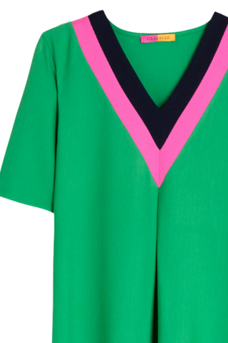 Vilagallo Long Green Dress with Contrasting V-Neck