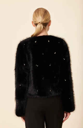 Dolce Cabo Embellished Pearl and Rhinestone Faux Fur Jacket