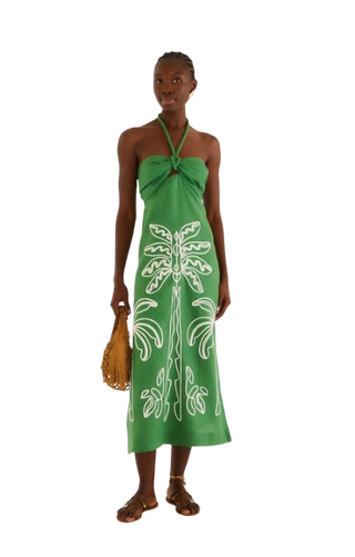 Farm Rio Green Palm Tree Embroidery Sleeveless Midi Dress