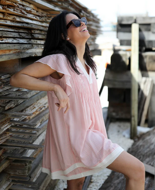 Navy Bleu Eden Dress - Red Pinstripe