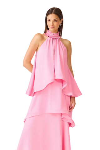 Elliatt Calista Ruffle Neck Tiered Gown In Pink