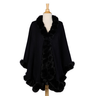 Two's Company Regal Wrap with Faux Fur Trim and Hook and Eye Closure in Black - Acrylic