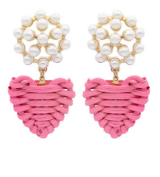 MC Rattan Heart & Pearl Drop Earrings / Pink