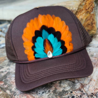 Monkee Collection Western Feather Trucker Hat Retro Hat Brown Orange Teal