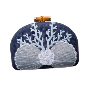 Lisi Lerch Coral and Shell Clutch- Embroidered / Navy