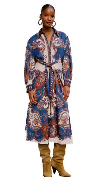 Farm Rio Arabesque Scarf Blue Midi Dress
