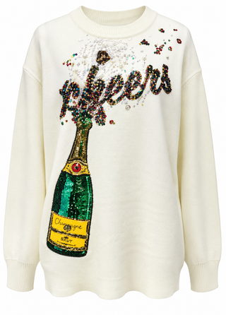 Queen of Sparkles Ivory Popping Champagne 'Cheers' Sweater