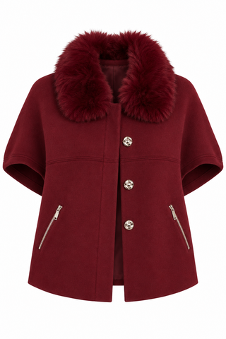Dolce Cabo Faux Fur Collar Short Sleeved Maroon Cardigan