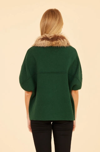 Dolce Cabo Faux Fur Collar Short Sleeved Green Cardigan