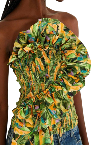 Farm Rio Parrots Forest Green Smocked Strapless Top