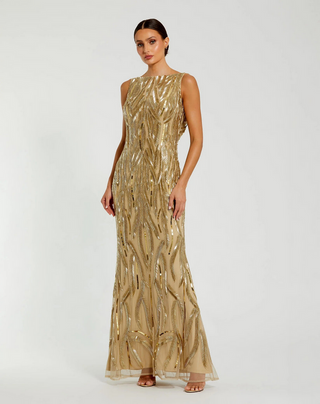 TS Mac Duggal Gold Embellished Mesh Sleeveless High Neck Fitted Gown