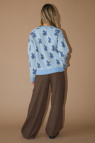 Bailey Rose Knit Sweater with Blue Floral Jacquard Pattern