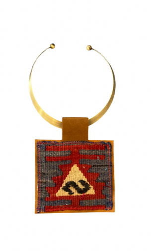 Orijinal Brass Pendent with Blue and Red Turkish Kilim Patch