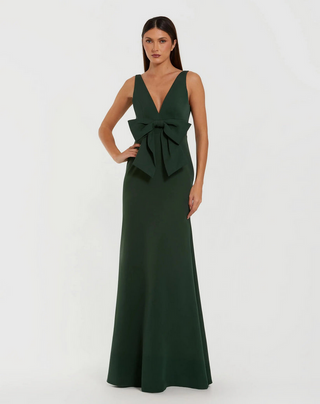 TS Mac Duggal Green Crepe Sleeveless V-Neck Gown with Bow