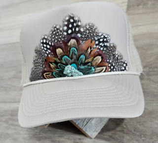 Monkee Collection Feather Western Trucker Hat, Trucker Hat with Feathers Khaki