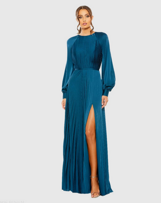 TS Mac Duggal Blue Pleated High Neck Raglan Long Sleeve Side Slit Gown