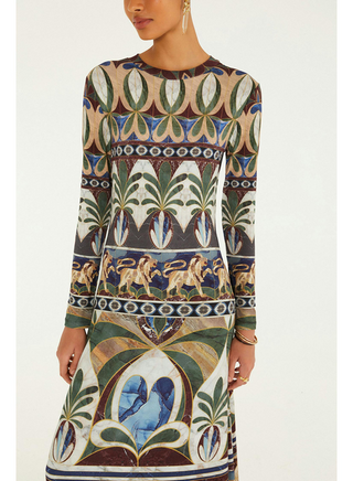 Farm Rio Ainika Pietra Dura Multicolor Long Sleeve Midi Dress