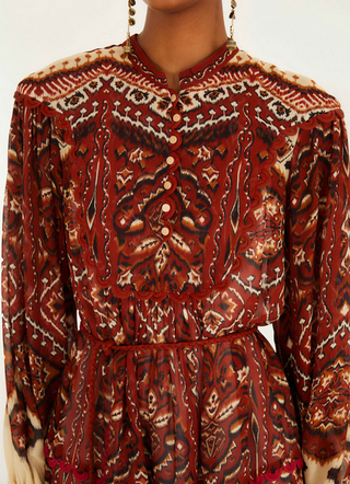 Farm Rio Ainika Pineapple Tapestry Sand Long Sleeve Mini Dress