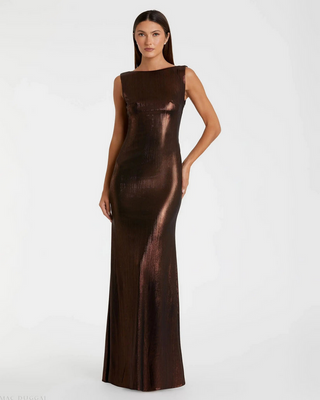 TS Mac Duggal Brown Metallic Jersey Cowl Back Column Gown