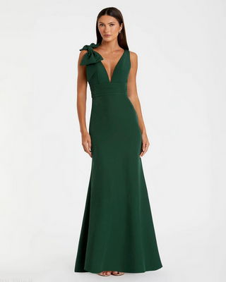 TS Mac Duggal Green Sleeveless V Neck Bow Detail Mermaid Gown