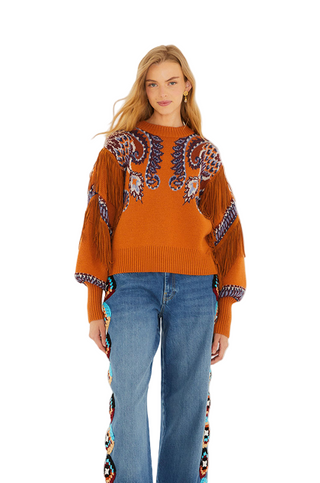 Farm Rio Arabesque Scarf Fringe Knit Sweater