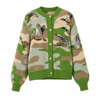 Queen Of Sparkles Green Camo Ducks Flying Buttton Up Cardigan