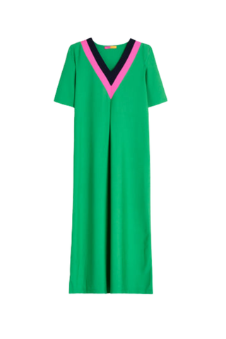 Vilagallo Long Green Dress with Contrasting V-Neck