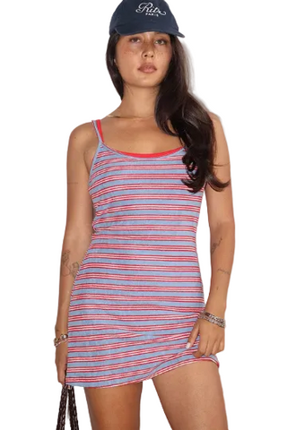 Bailey Rose Striped Scoop Neck Mini Dress in Dusty Blue
