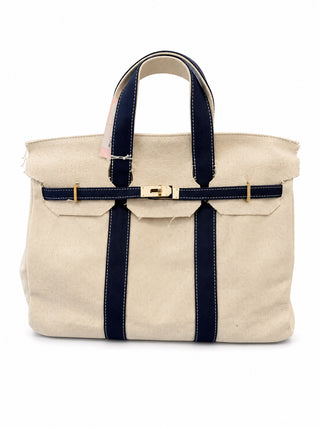 Monkee Collection Canvas Tote Bag w/ Gold Buckle Hardware - Navy Trim