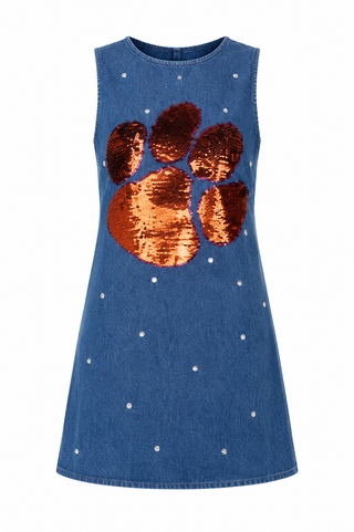 Queen Of Sparkles Licensed Clemson Scatered Jewel Denim Sequin Mascot Tank Dress
