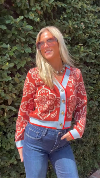 THML V Neck Geometric Pattern Button Cardigan