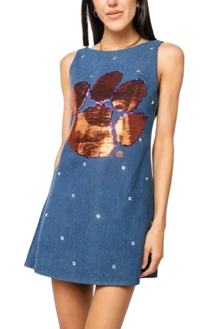Queen Of Sparkles Licensed Clemson Scatered Jewel Denim Sequin Mascot Tank Dress