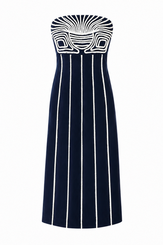 Anna Cate Lyle Midi in Navy White Fringe